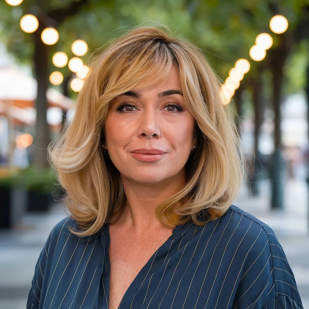 Long bob with bangs and volume for fine hair over 40 in warm blonde with face-framing layers
