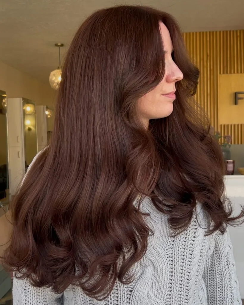 Long Cherry Mocha Curtain Layers with Glossy Face-Framing