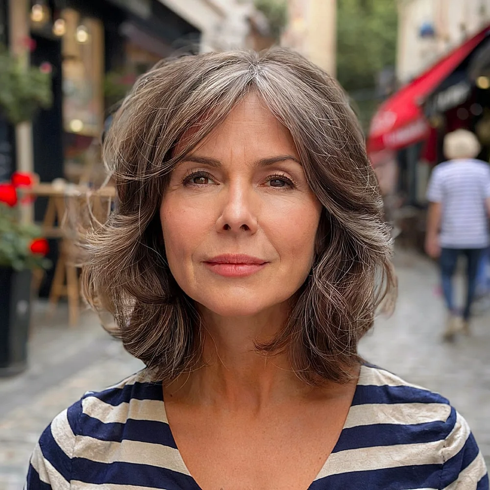Long French bob with tousled waves and dimensional brown highlights for older women