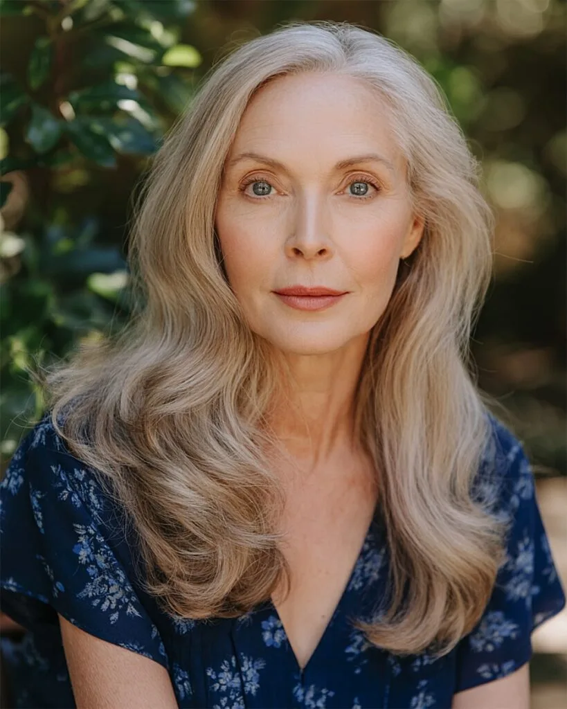 Long gray hair with warm caramel lowlights for women over 50