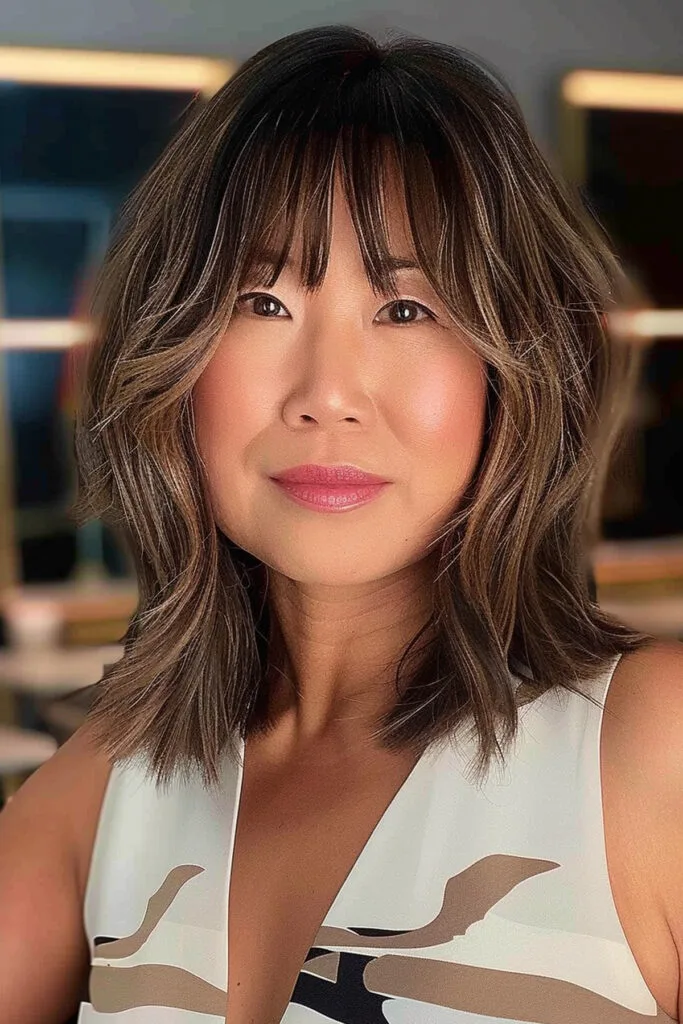 Long layered bob hairstyle with curtain bangs for women over 40 with round faces