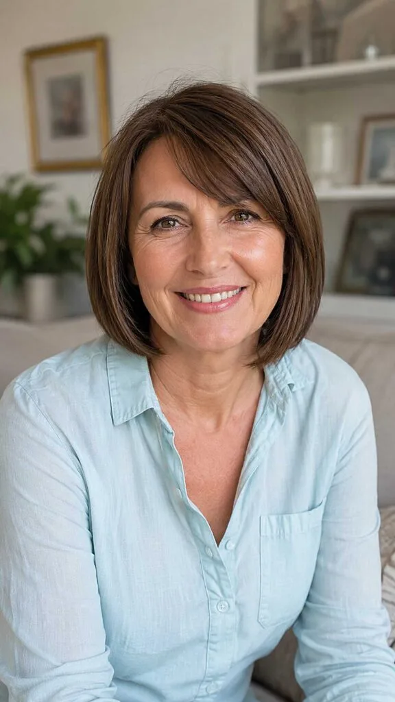 Medium brown chin-length bob with soft side fringe