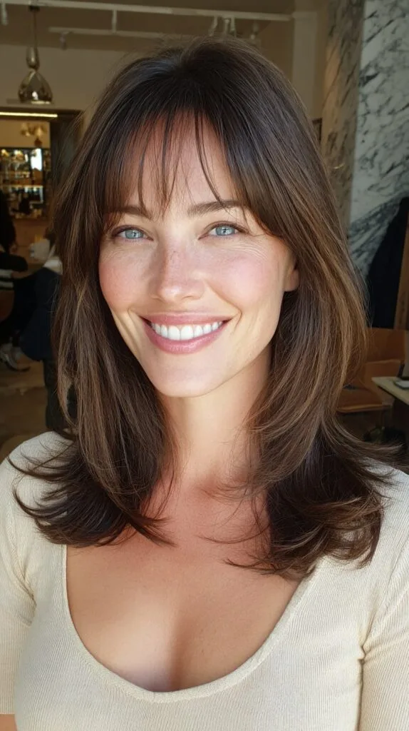 Medium-Length Feathered Layers with Wispy Center Fringe and Soft Flip