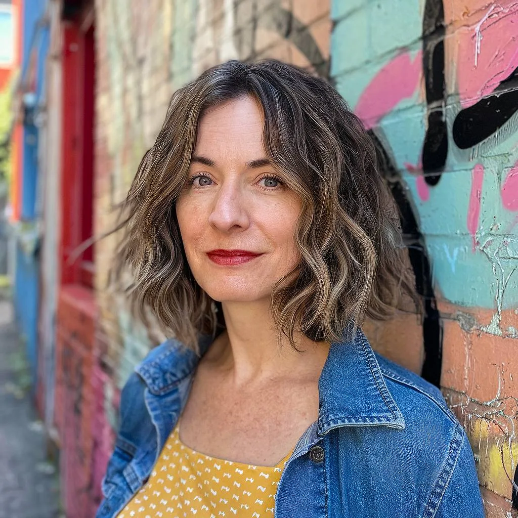Messy bob with tousled texture for women over 40 with fine wavy hair and root dimension