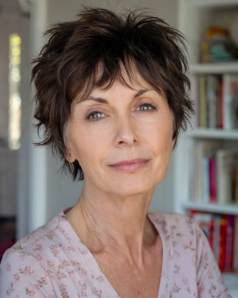 Messy razor-cut shag pixie for over 50 with dark brown tone and tousled layers