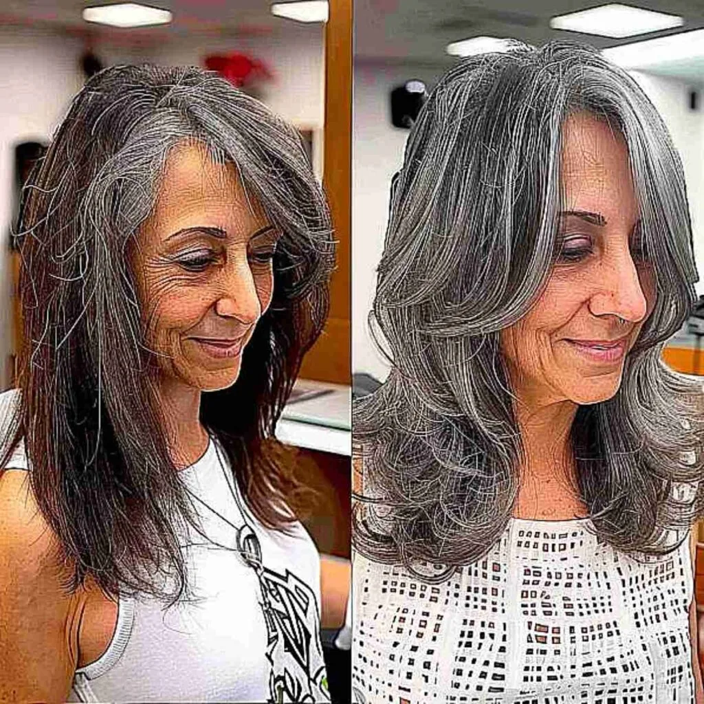 Mid-Length Elegant Silver Balayage for Women in their 50s