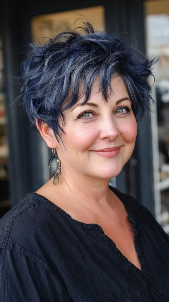 Midnight-Blue Textured Pixie for Round Faces