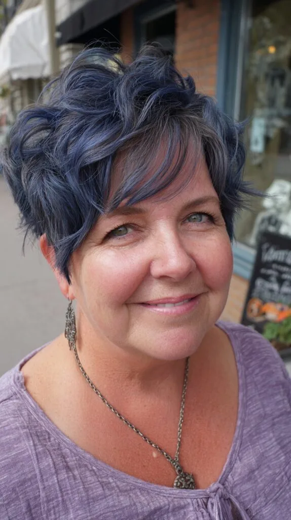 Midnight-Blue Wavy Pixie with Subtle Highlights