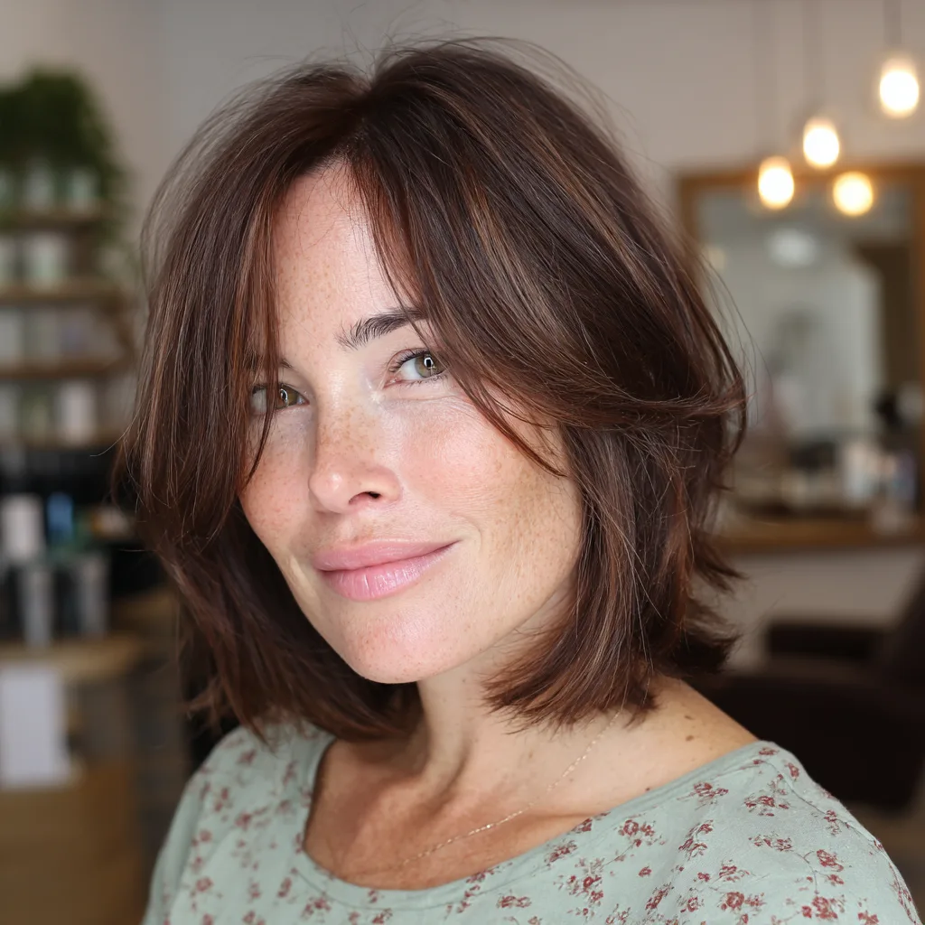 Modern Rich Chocolate Layered Bob with Soft Curtain Bangs