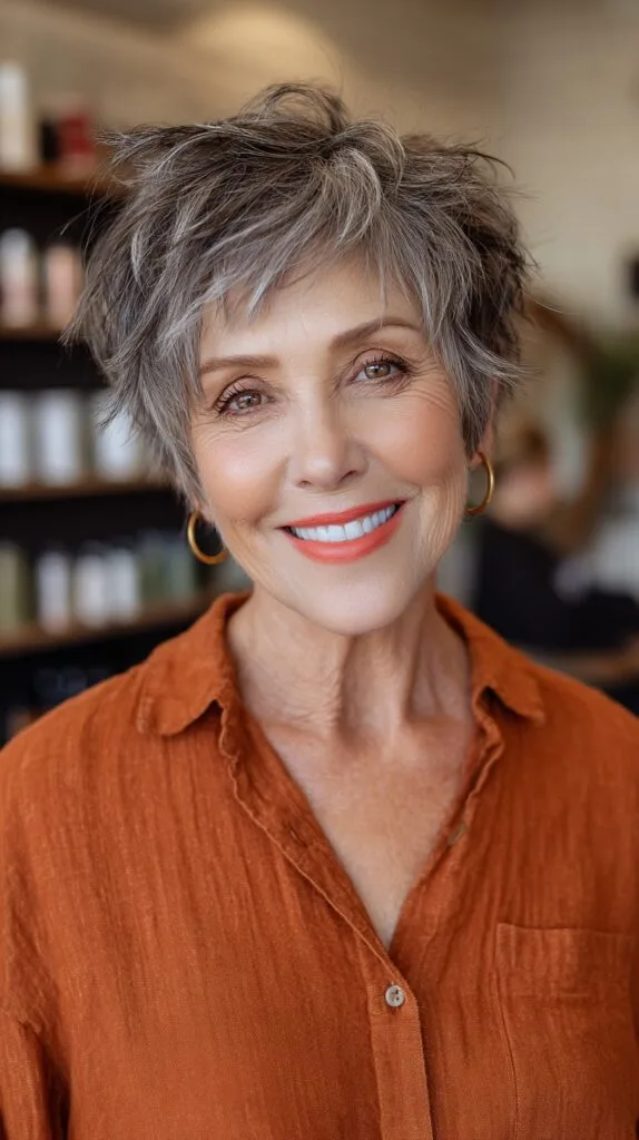 Modern Salt-and-Pepper Pixie with Feathered Layers