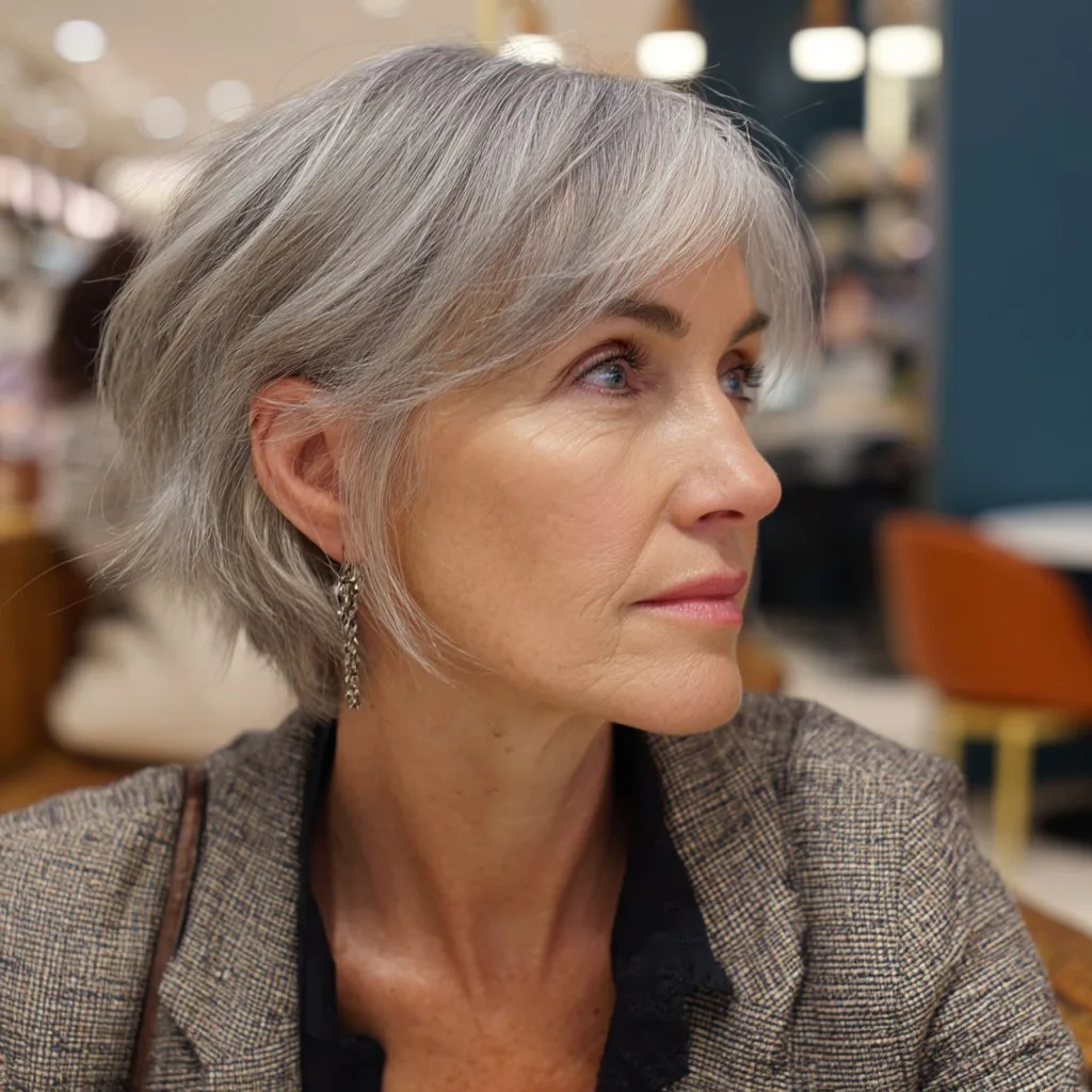 Modern Textured Silver Bob with Side-Swept Bangs