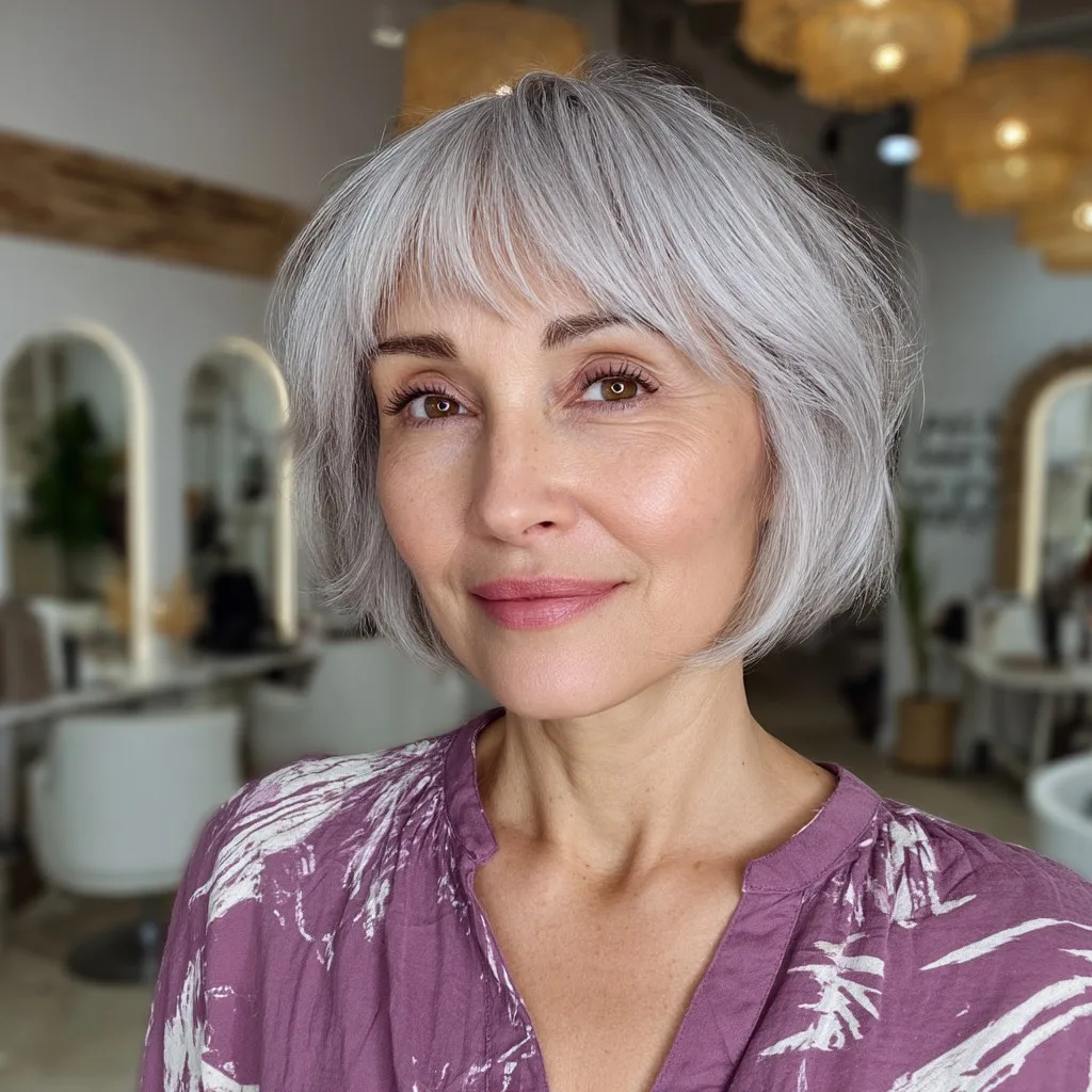 Modern Textured Silver Bob with Wispy Bangs