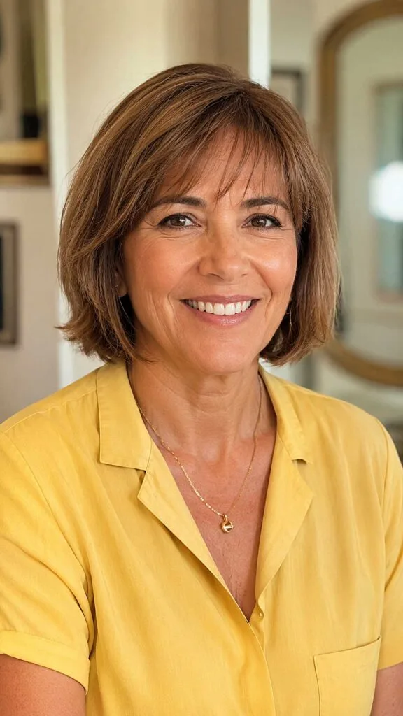 Natural Brunette Chin-Length Bob with Tapered Fringe