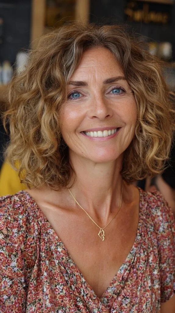 Natural Curly Shoulder-Grazing Lob with Soft Rooted Lowlights