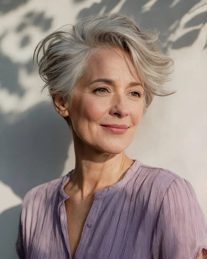 Natural gray short hairstyle with airy texture and layered volume for women over 50