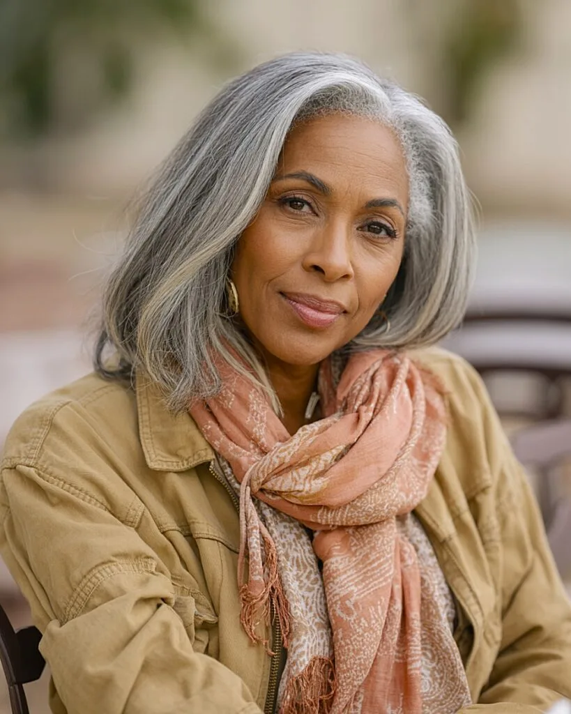 Natural gray shoulder-length hair with beige lowlights for subtle contrast over 50