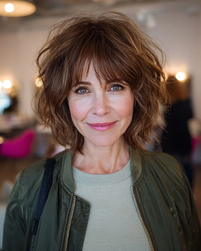 Neck length shaggy bob with textured fringe for older women with wavy brown hair