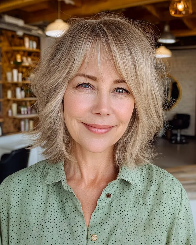 Neck length tousled cut with wispy bangs for older women with wavy thick hair