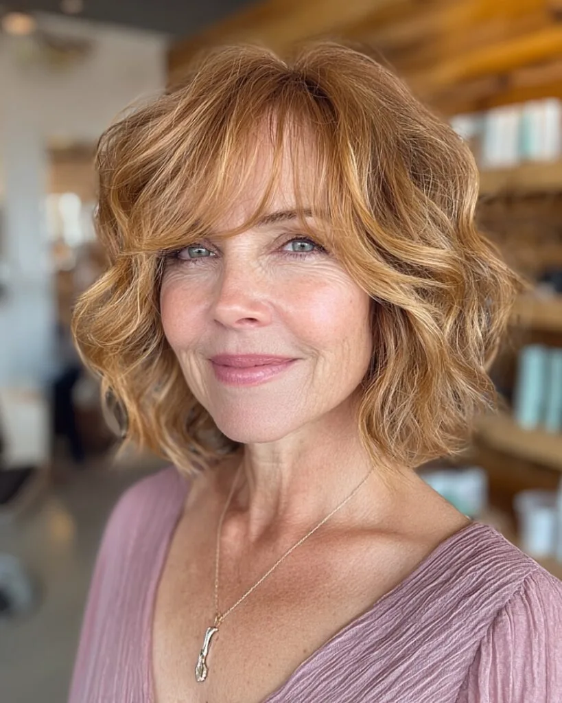 Neck length wavy haircut with side fringe for older women with layered strawberry blonde hair
