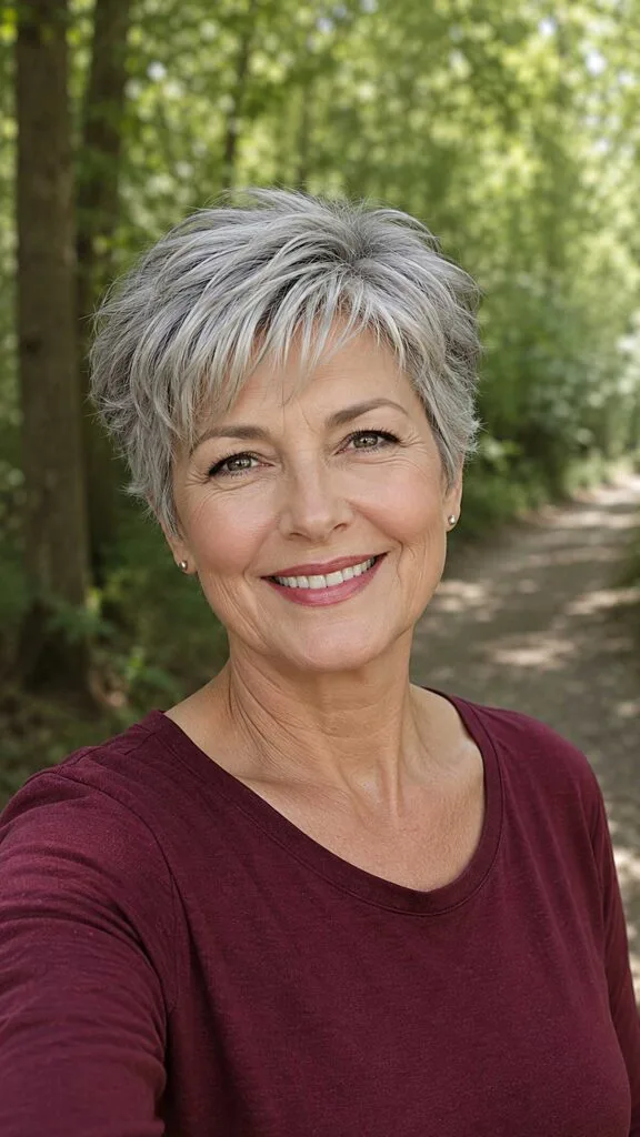 Piecey Gray Pixie with Soft Fringe and Dark Root Contrast