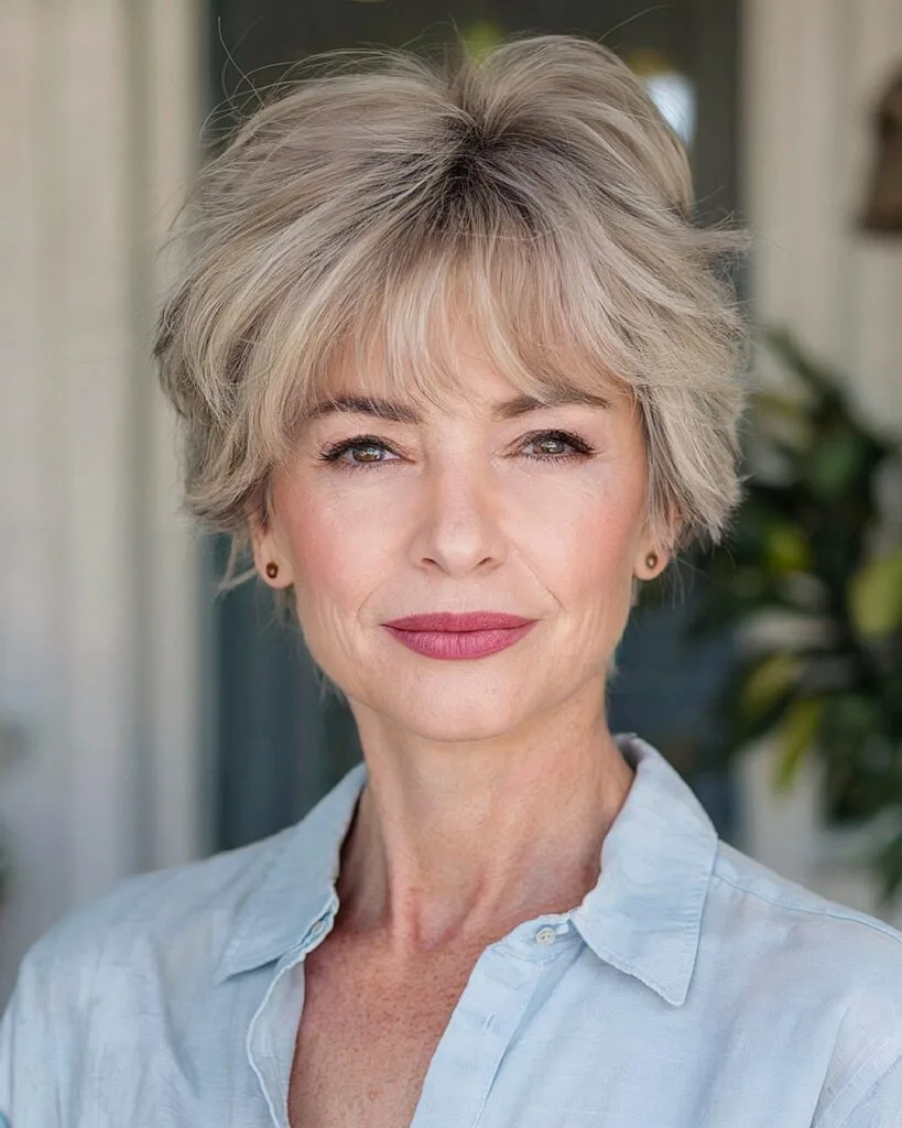 Pixie shag with bangs for women over 50 and lifted crown volume in silver blonde tones