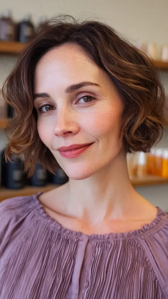 Playful Chestnut Wavy Bob with Dimensional Layers