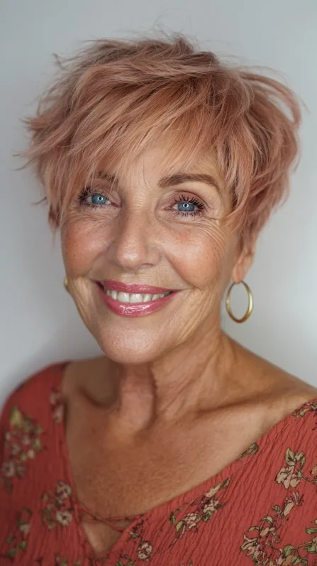 Playful Textured Pixie Cut with Soft Blush Tones