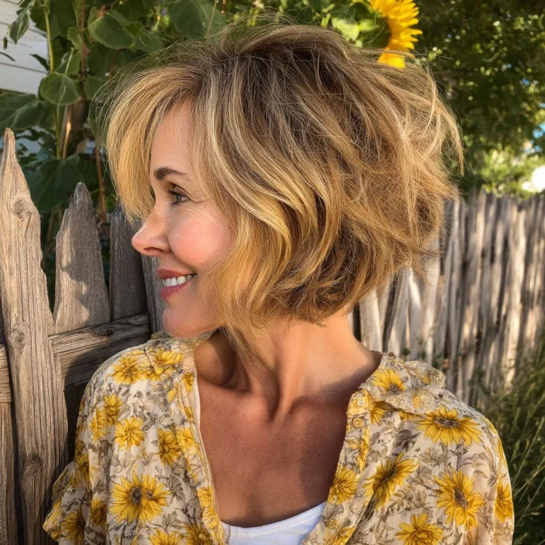 Playful Textured Short Stacked Bob with Sun-Kissed Highlights