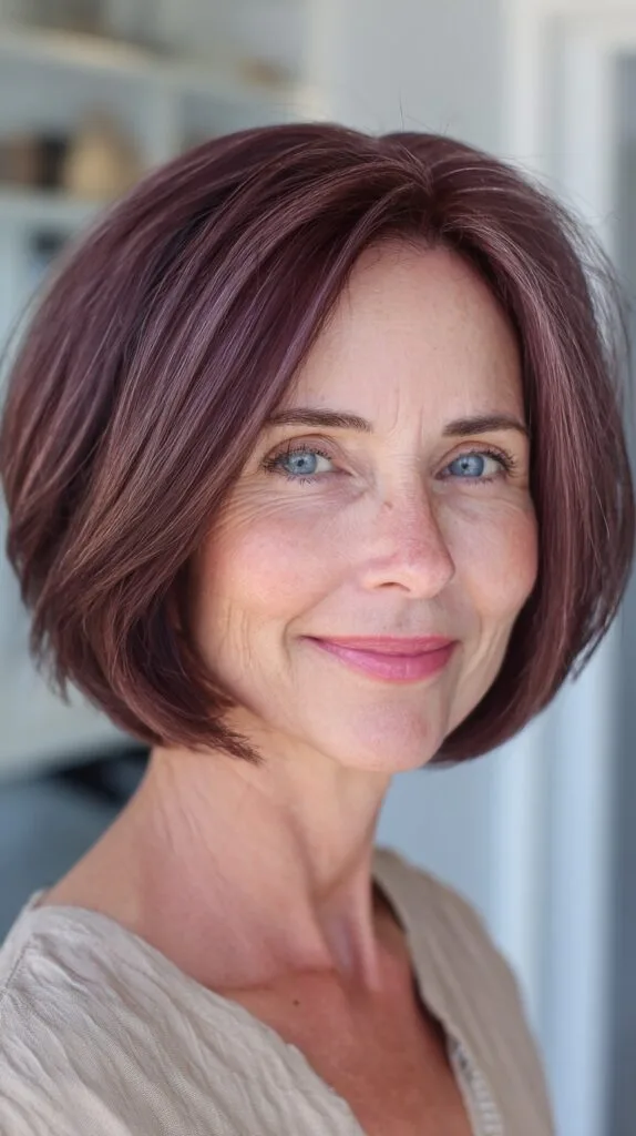 Plum Chocolate Graduated Chin-Length Bob with Soft Face-Framing