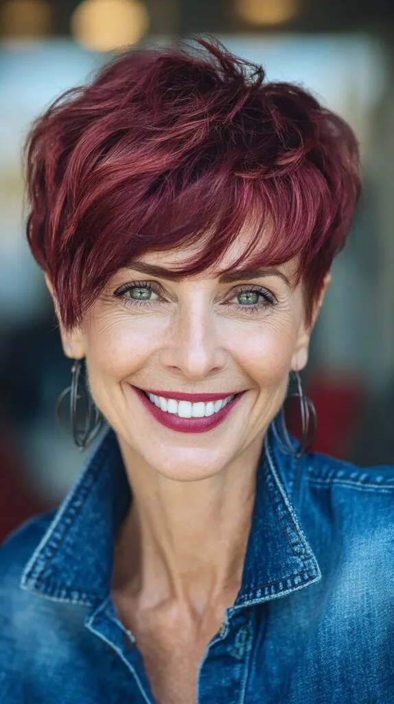 Plum Feathered Long Pixie with Textured Crown and Side Fringe