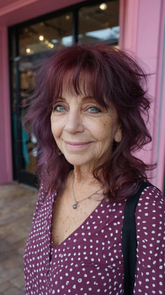 Plum-Layered Medium Shag with Sheer Brow-Skimming Fringe