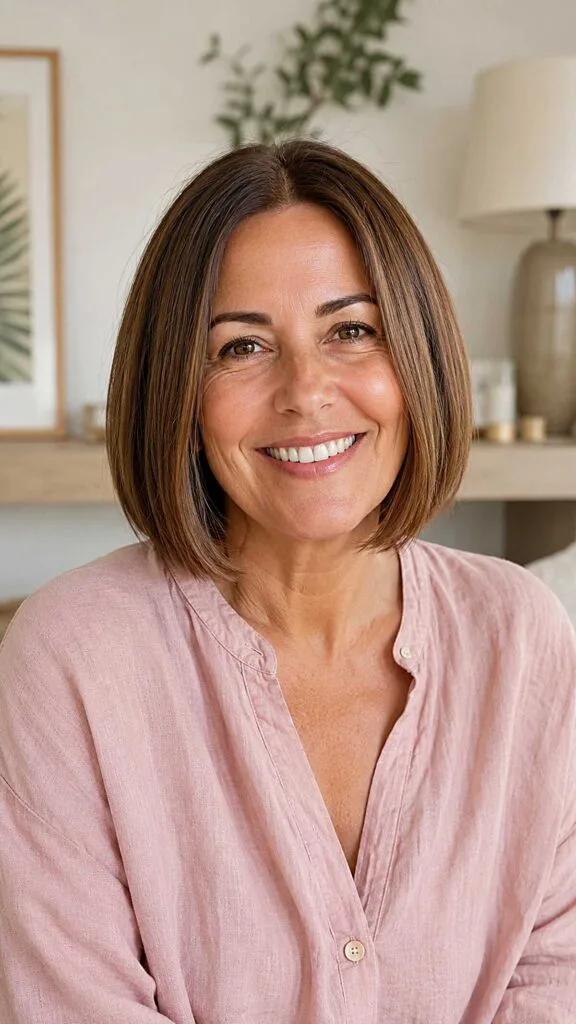 Polished brunette bob with inward curve at the ends