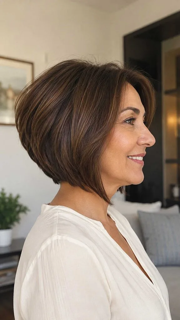 Polished brunette stacked bob with caramel accents