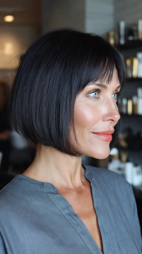Polished Jet Black A-Line Bob with Subtle Fringe