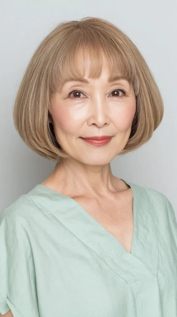Polished Taupe Rounded Bob with Side-Sweeping Bangs