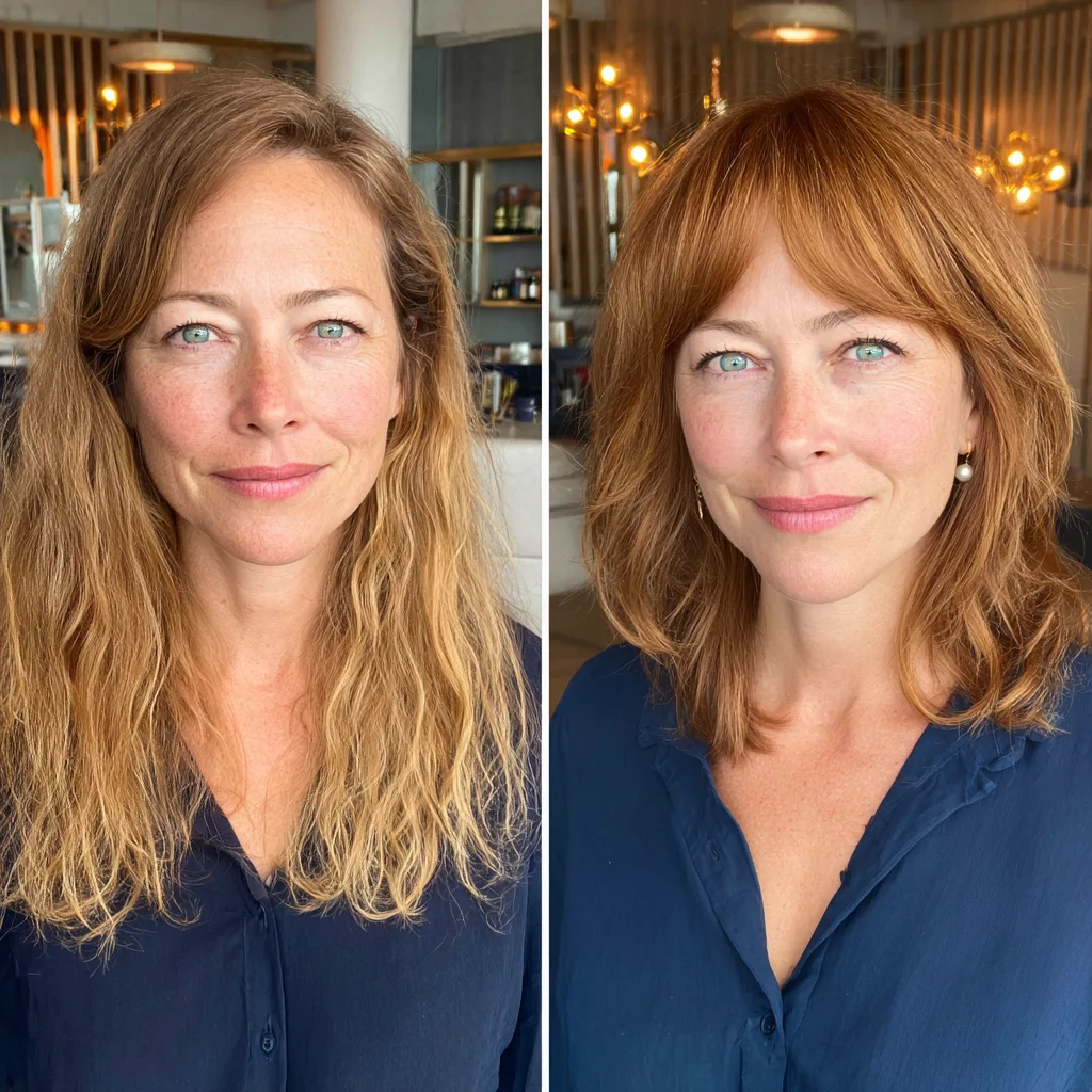 Radiant Copper Layered Bob with Curtain Bangs