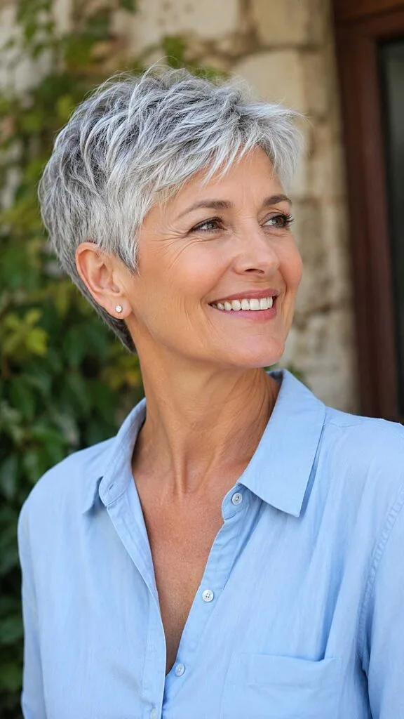 Razor-Cut Silver Pixie with Feathered Ears and Natural Pepper Roots