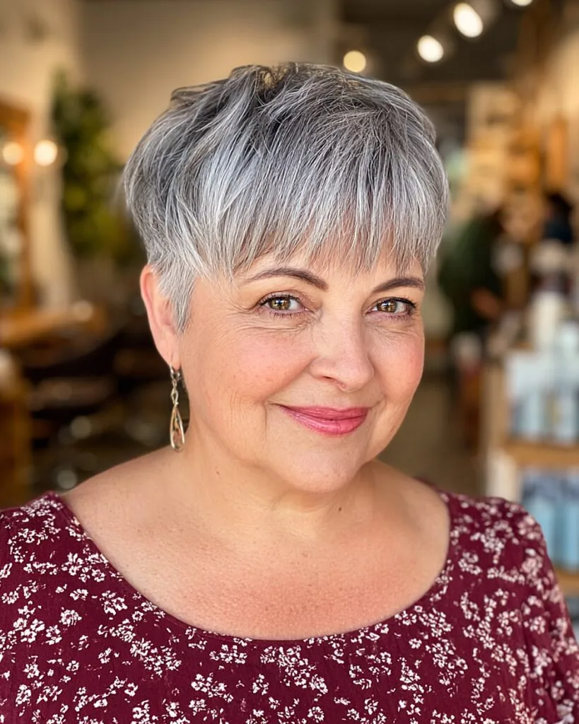 Really short layered cut with full fringe for older women with salt and pepper hair