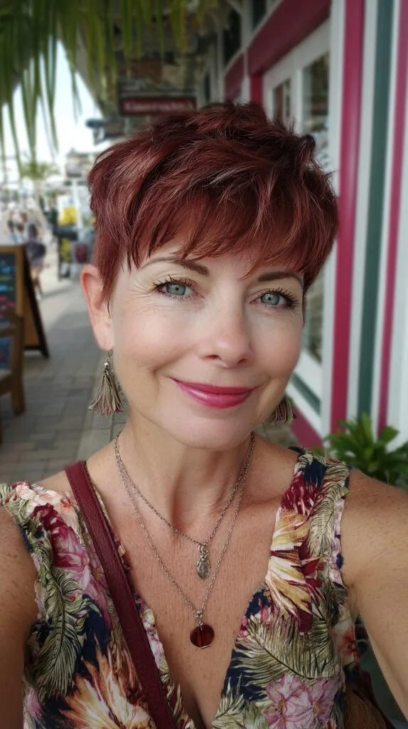 Reddish Feathered Long Pixie with Soft Micro Fringe