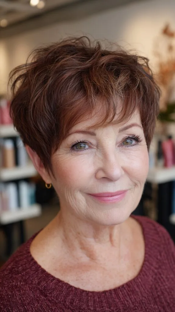 Rich Auburn Layered Pixie with Textured Waves