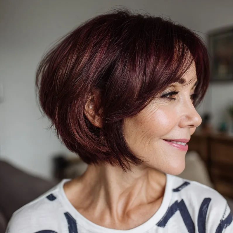Rich Burgundy Wedge Bob with Feathered Ends