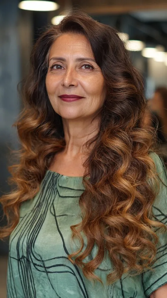 Rich Caramel Tones in Flowing Curly Layers