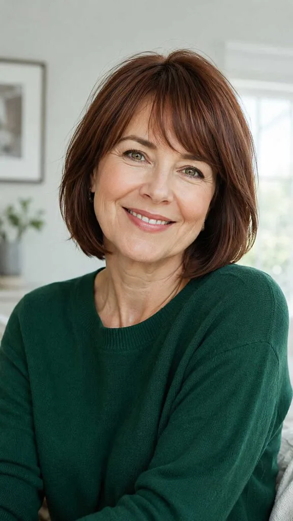 Rich Chestnut Chin-Length Bob with Soft Parted Fringe