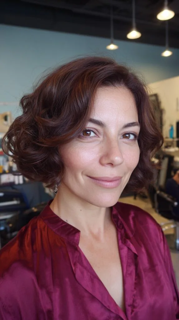 Rich Chestnut Curly Bob with Natural Highlights