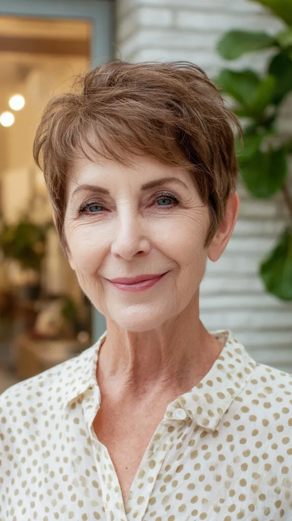 Rich Chestnut Tapered Pixie with Delicate Feathered Fringe