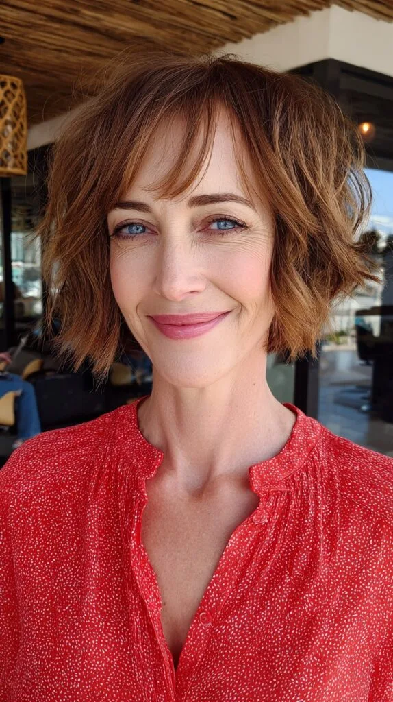 Root-Faded Textured Chin-Length Layered Bob with Wispy Center-Parted Fringe