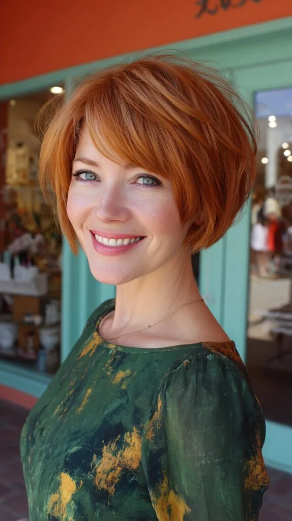 Rounded Copper Stacked Bob with Face-Framing Micro Layers