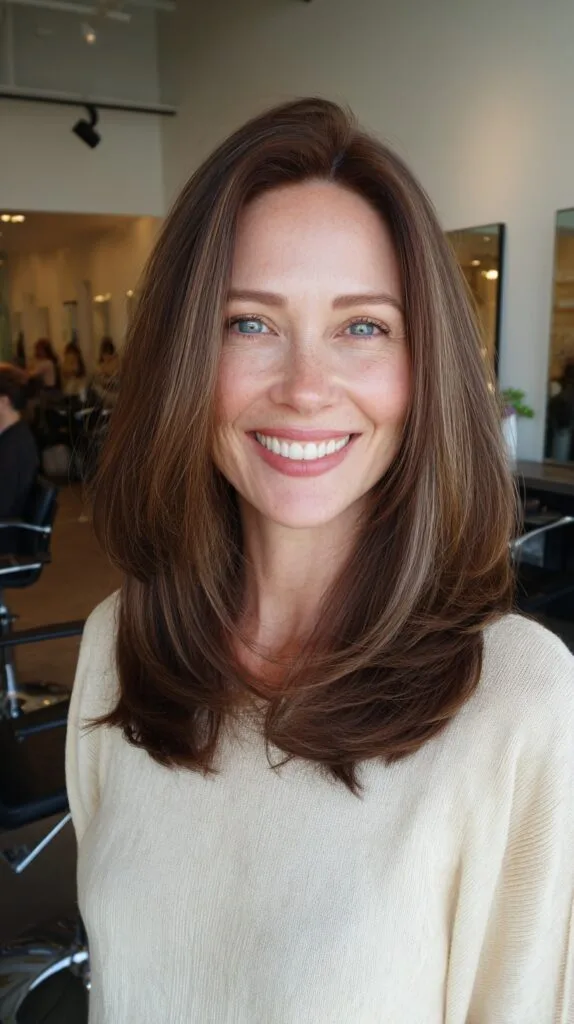 Rounded Mid-Length Layered Cut with Subtle Brunette Lowlights