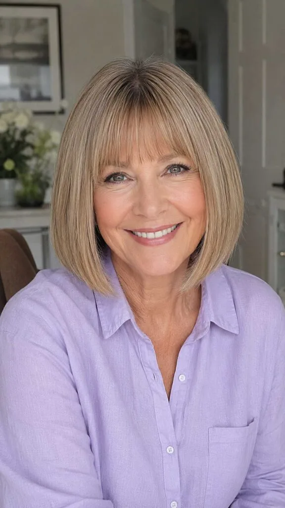 Sandy blonde bob with soft wispy bangs
