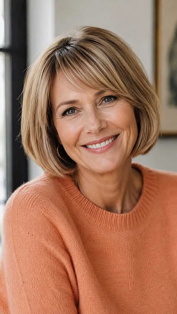 Sandy Blonde Chin-Length Bob with Angled Side Fringe